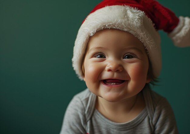 feliz niño sonriente con sombrero de Papá Noel en el fondo de Navidad