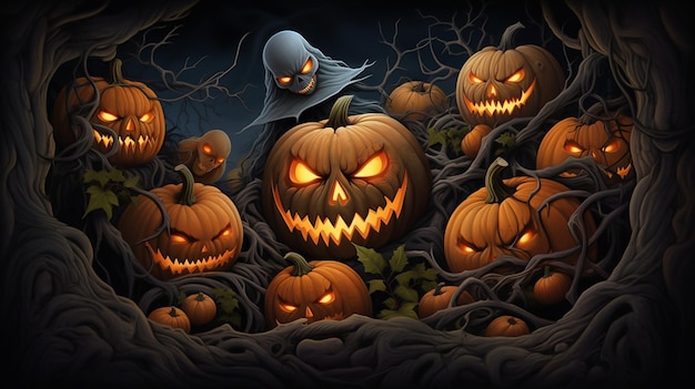 Feliz noche de Halloween en un fondo de ilustración de una fiesta de fantasía