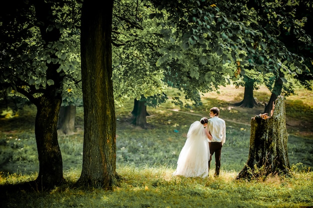 feliz novia y el novio en un paseo en el hermoso bosque