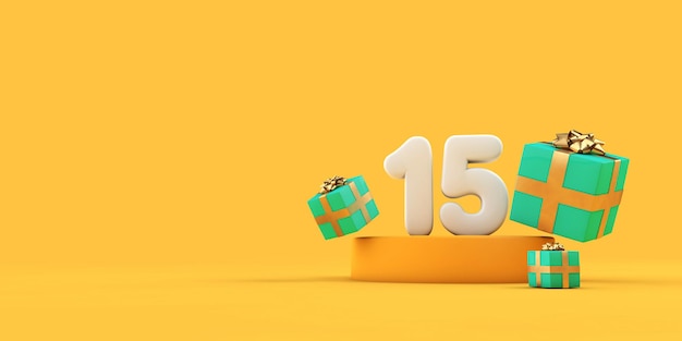 Feliz número de cumpleaños y regalos en un podio amarillo d render