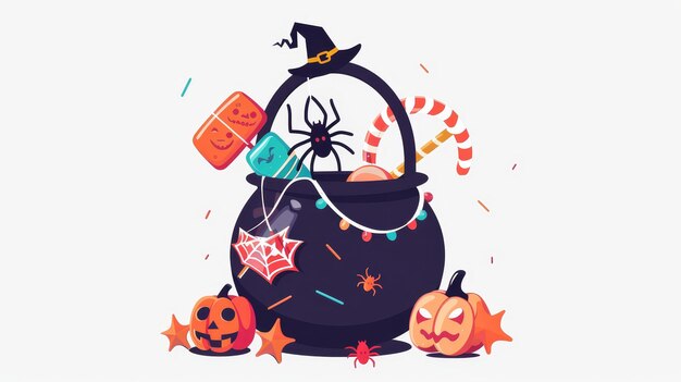 Feliz olla de Halloween llena de dulces piruletas y araña espeluznante colgando de una cuerda de tela infantil plana ilustración moderna aislada en blanco