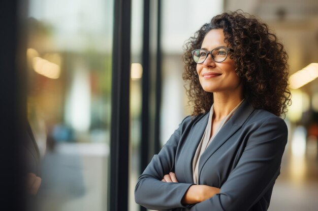 Feliz, orgulhosa, próspera, de meia-idade, madura, profissional, mulher de negócios latina, CEO, executiva, vestida de fato, de pé no escritório, braços cruzados, olhando para longe, pensando no sucesso, liderança, vista de perfil lateral.