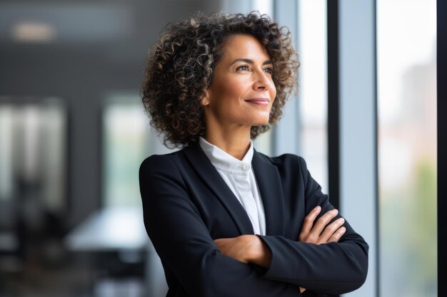 Foto feliz, orgulhoso, próspero, meia idade, maduro, profissional, mulher de negócios latinos, executivo, ceo, vestindo terno, de pé, no escritório, braços cruzados, olhando para longe, pensando no sucesso, liderança, perfil lateral, vista