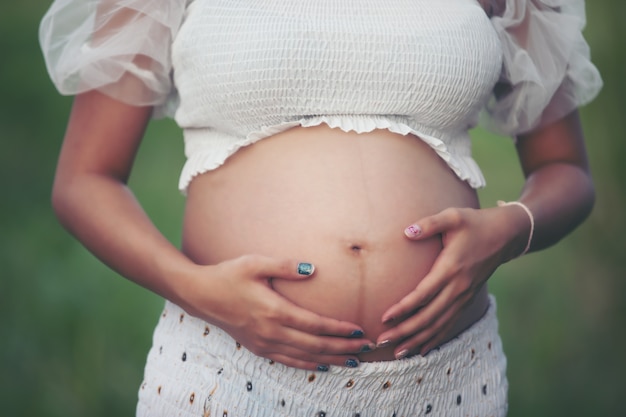 feliz y orgullosa mujer asiática embarazada mirando su vientre en un parque al amanecer