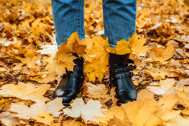 Feliz otoño hola otoño piernas femeninas con botas en las hojas de otoño zapatos de otoño piernas femeninas en marrón