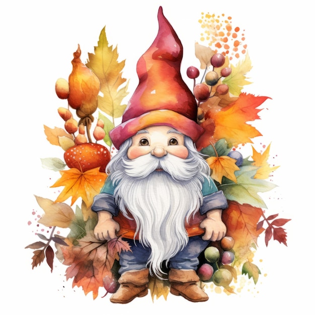 Feliz Outono Cores Aquarela Gnome