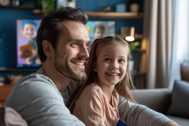 Un feliz padre caucásico de unos 30 años se sienta con su hija en casa viendo un interesante video en