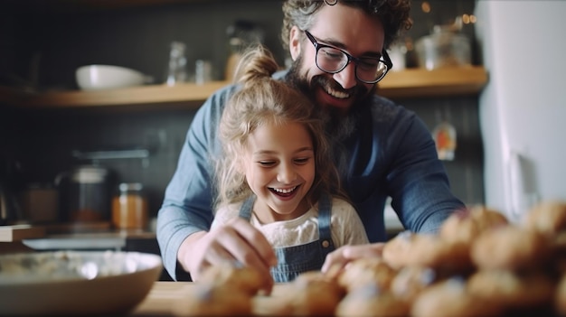 Feliz padre e hija horneando en una cocina Ilustración AI GenerativexA