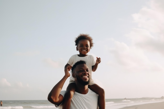 Feliz padre e hijo afroamericanos divirtiéndose en la playa de verano IA generativa