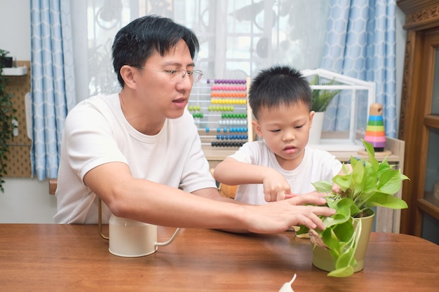 Feliz padre e hijo asiáticos divirtiéndose cortando un trozo de planta en la sala de estar en casa, introduciendo habilidades de tijeras para niños, educación en el hogar, jardinería doméstica