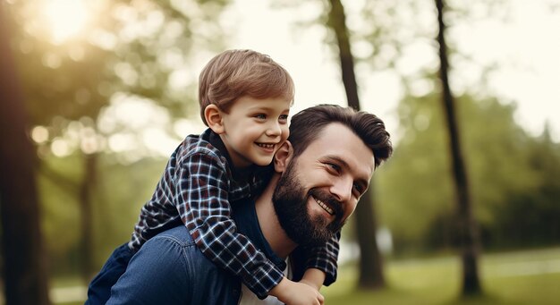 Foto feliz padre e hijo divirtiéndose juntos en el parque en un día soleado concepto del día del padre