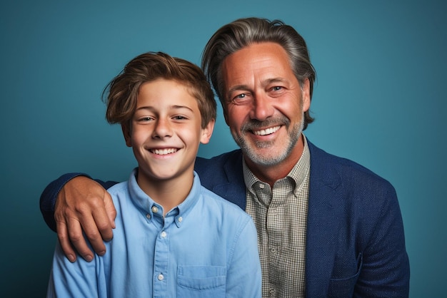 Foto feliz padre de familia amoroso y su hijo jugando y abrazándose al aire libre