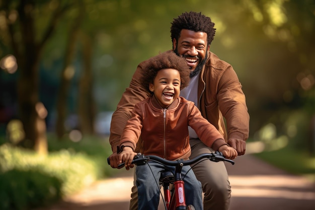 Feliz padre de familia étnica enseña a su hijo a andar en bicicleta