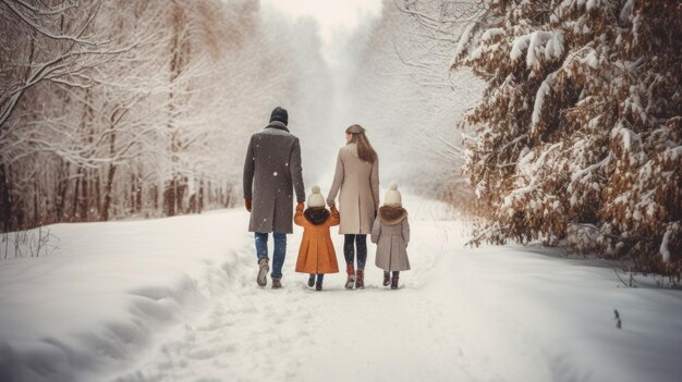 Feliz padre familia madre e hijos se están divirtiendo y jugando en el paseo nevado de invierno en la belleza de la naturaleza.