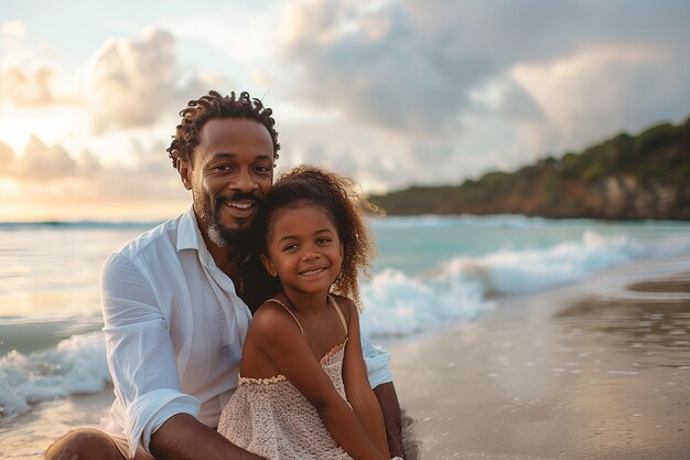 Feliz padre y hija afroamericanos sentados en una playa de arena al atardecer