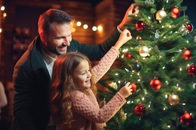 Feliz padre y su pequeña hija decoran el árbol de Navidad en casa Luces de Navidad Enfoque selectivo Fondo borroso