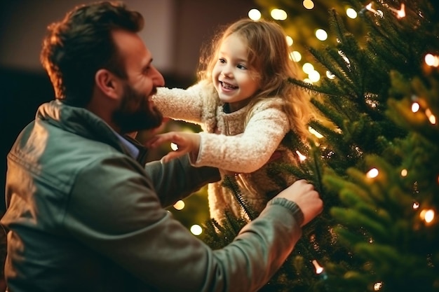 Feliz padre y su pequeña hija decoran el árbol de Navidad en casa Luces de Navidad Enfoque selectivo Fondo borroso