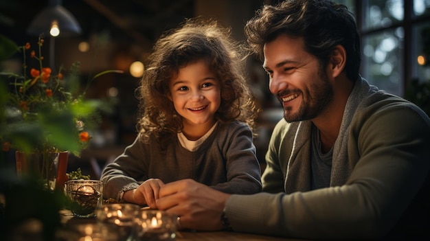 Foto feliz pai e filha se divertindo e bebendo cerveja à noite