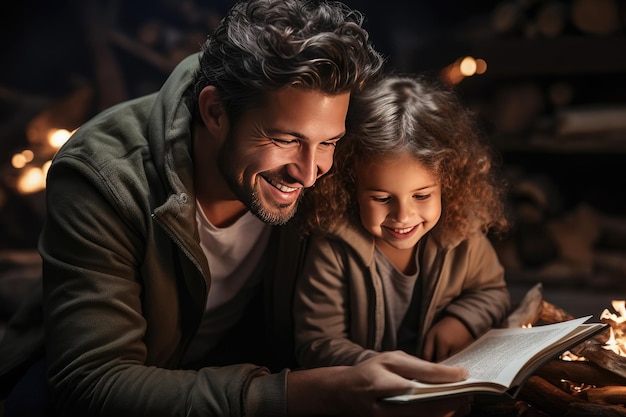 Feliz pai e filho lendo um livro e sorrindo juntos em casa Lendo uma história sentado no sofá em casa Criado com IA generativa