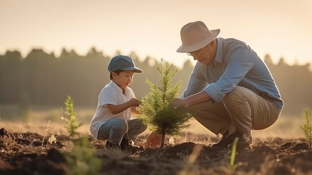 Feliz pai e filho plantando árvores