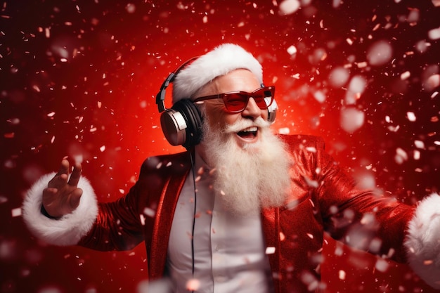 Feliz Pai Natal com fones de ouvido a dançar em fundo vermelho.