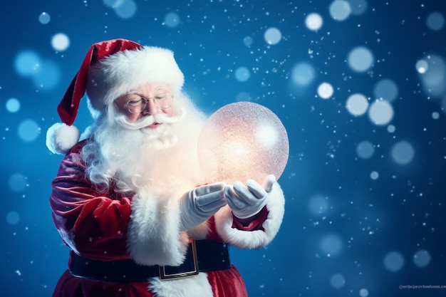 Feliz Papá Noel abriendo caja de regalo de Navidad sobre fondo azul nevado