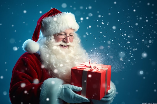 Feliz Papá Noel abriendo caja de regalo de Navidad sobre fondo azul nevado