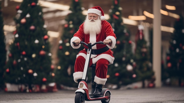 Feliz Papá Noel montando scooter en la calle Concepto de Navidad