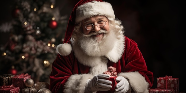 Foto feliz papá noel con tupida barba blanca con traje clásico de papá noel y gorro de papá noel