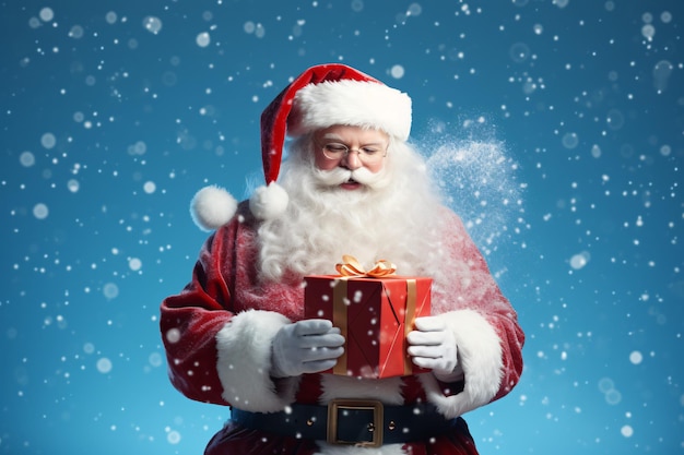 Feliz Papai Noel abrindo caixa de presente de Natal sobre fundo azul nevado