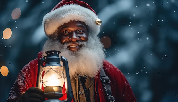 Feliz Papai Noel afro-americano segurando uma lanterna no fundo da queda de neve à noite
