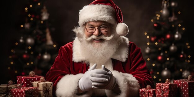 Feliz Papai Noel com barba branca espessa em terno clássico de Papai Noel e chapéu de Papai Noel