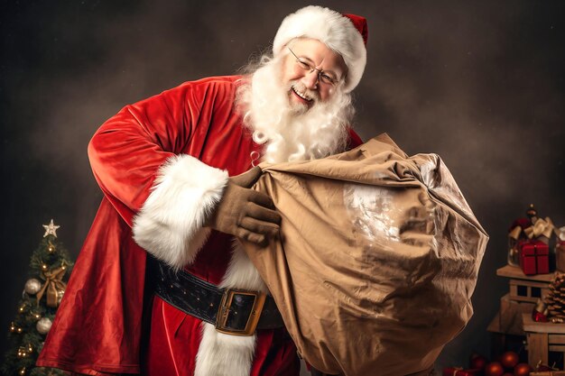 Feliz Papai Noel com um grande saco de presentes para crianças Feliz Natal Conceito de véspera de ano novo Imagem brilhante de Papai Noel para publicidade e design