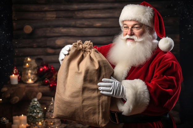 Feliz Papai Noel com um grande saco de presentes para crianças no fundo da árvore de Natal Feliz Natal Conceito de véspera de ano novo Imagem brilhante de Papai Noel para publicidade e design