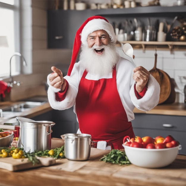 Foto feliz papai noel cozinhando