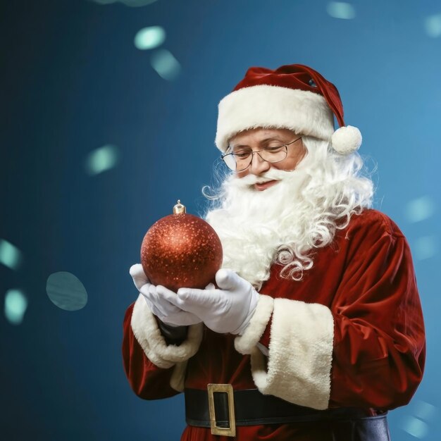 Feliz Papai Noel segurando uma bola de Natal brilhante sobre um fundo azul desfocado com espaço de cópia