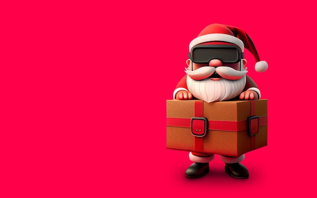 Feliz Papai Noel usando fone de ouvido VR e caixa de presente em imagem de fundo vermelha criada com tecnologia Generative AI