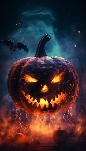 Feliz papel de parede de abóbora de halloween com cara assustadora em fundo fantástico