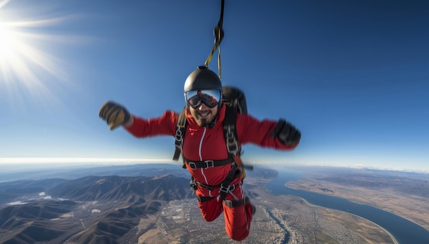 Foto feliz paracaidista posando en el concepto de deporte extremo en el aire