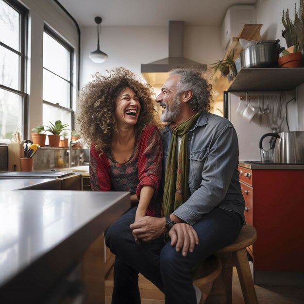 Feliz pareja de 55 años Mujer de pelo rizado sentada en la cocina de una casa moderna con una gran ventana hablando y riendo juntos disfrutando del tiempo libre Concepto de gente