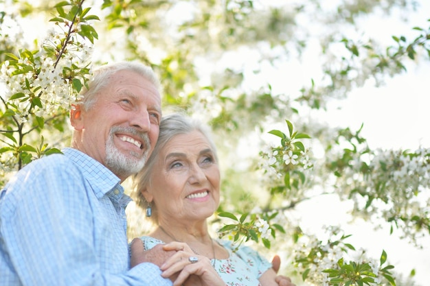 Feliz pareja abrazándose en el jardín floreciente de primavera