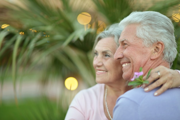 Feliz pareja abrazándose en el parque verde de verano