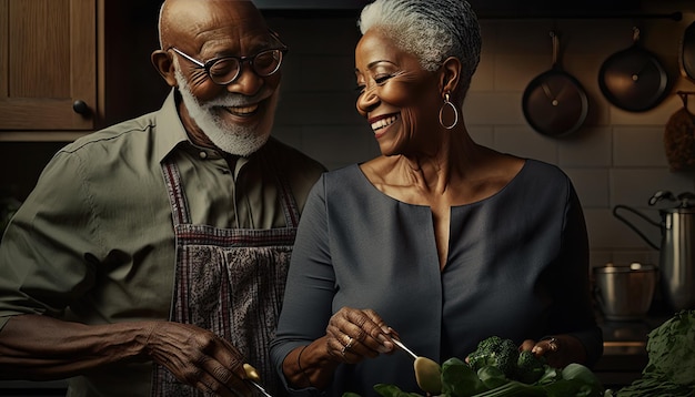 Feliz pareja africana de ancianos cocinando en una cocina comidas veganas AI generativa