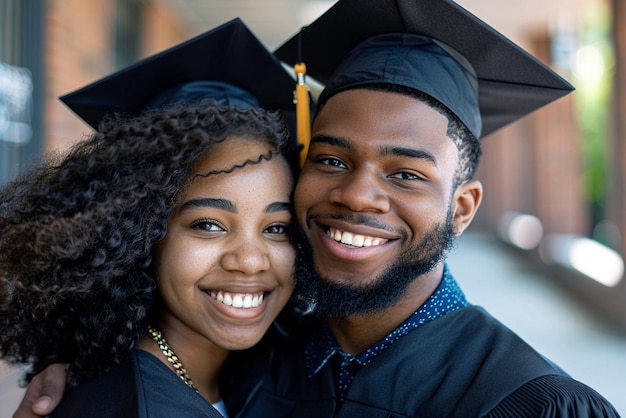 Una feliz pareja afroamericana de estudiantes en vestidos y sombreros de graduación posando en el campus universitario 2