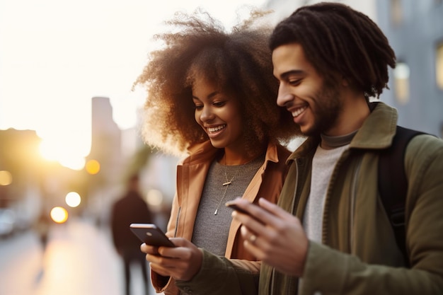 Feliz pareja afroamericana navegando por smartphone y mensajería generativa ai