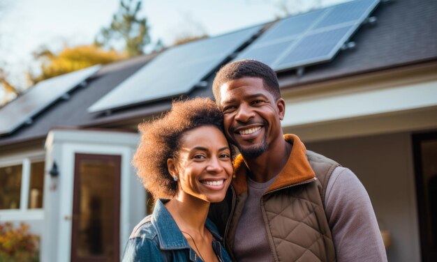 Una feliz pareja afroamericana de pie frente a una casa con paneles solares