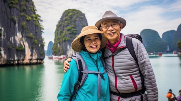 Feliz pareja de ancianos asiáticos inmersos en la belleza de la naturaleza y los lugares escénicos Ai generativo