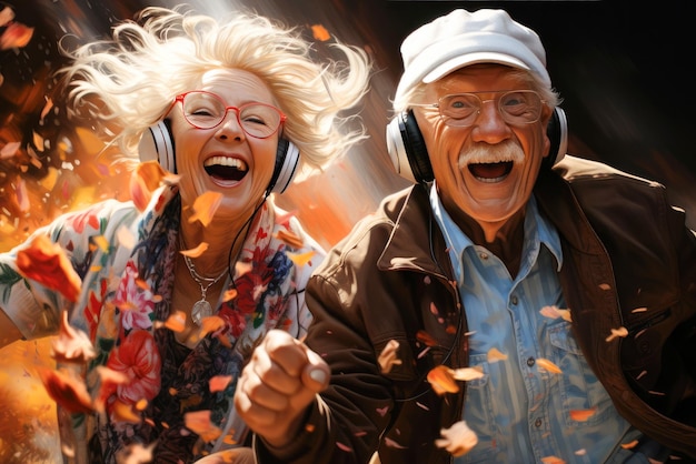 Una feliz pareja de ancianos con auriculares sobre la oreja corriendo en un día de otoño en el parque