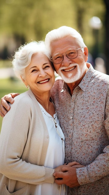 Foto una feliz pareja de ancianos caucásicos sonriendo en el parque en un día soleado