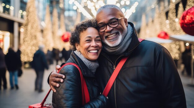 Una feliz pareja de ancianos comprando durante la temporada navideña en el centro comercial AI Contenido generado